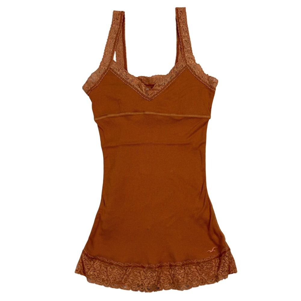 VTG Y2K Hollister Orange Ribbed Lace Babydoll Cami Tank Top Size Medium Coquette